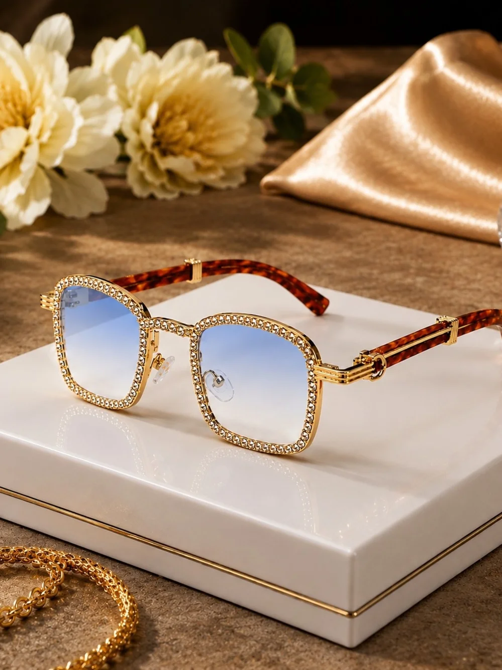 Gold Tone Rhinestone Square Sunglasses Blue Gradient Lens Tortoise Arms